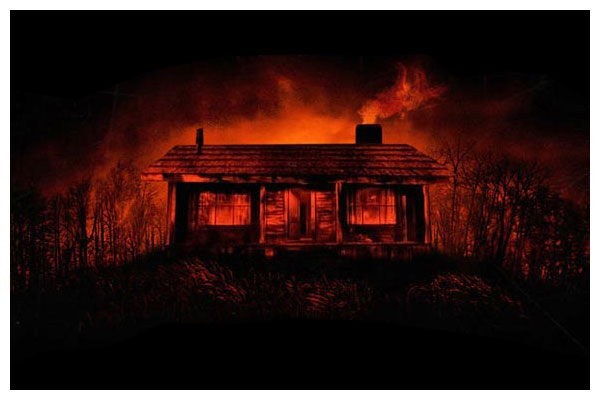 A promotion image where the Cabin looks to be engulfed in red flames.